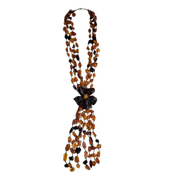Baltic Amber Flower Statement Necklace Huge Bead Four Strand Tassel Cognac Brown - Picture 2 of 7